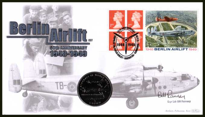 view larger image for SG 1667m (1999) - Berlin Airlift booklet pane - Benham coin cover containing ISLE OF MAN Crown coin featuring DOUGLAS DAKOTA aircraft. Autographed by BILL RAMSEY of the BATTLE OF BRITAIN MEMORIAL FLIGHT team. With BENHAM guarantee certificate - only 4000 produced.