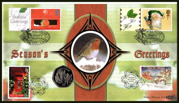 view larger image for SG 1896 (2000) - the 19p and 1st Class Christmas stamps from the SMILERS sheets also bearing the ISLE OF MAN Christmas issue on the same day.Benham coin cover containing ISLE OF MAN 50p coin. With BENHAM guarantee certificate - only 4000 produced.