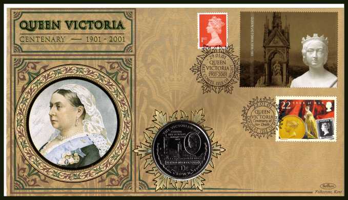view larger image for SG 2040L (2001) - Death Centenary of Queen Victoria. Beham coin cover bearing the Self Adhesive Gold booklet pane label and single plus an ISLE OF MAN stamp. With BENHAM guarantee certificate - only 4000 produced.