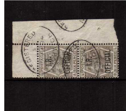 view larger image for SG O4 (1882) - 6d Grey from Plate 18. Stunning superb fine used vertical pair from the NE corner of the sheet lettered 'A-L' to 'B-L'. SG Cat �190+35%=�256