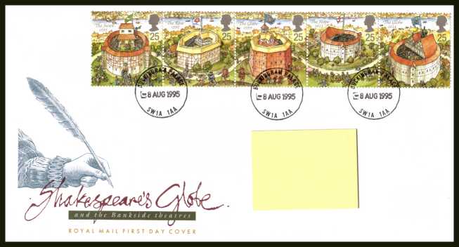 view larger back view image for Shakespeare's Globe Theatre strip of five on addressed official Royal Mail FDC cancelled with three bold, upright strikes of the BUCKINGHAM PALACE SW1A 1AA CDS. Addressee's name covered on scan only.