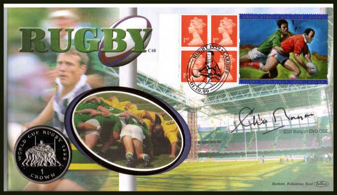 view larger image for SG 1667m (1999) - Rugby World Cup booklet pane. - Benham coin cover containing the SSLE OF MAN  Crown coin featuring a RUGBY SCRUM. Autographed by CLIFF MORGAN CVO OBE the famous Rugby playerand broadcaster. With BENHAM guarantee certificate - only 1000 produced.