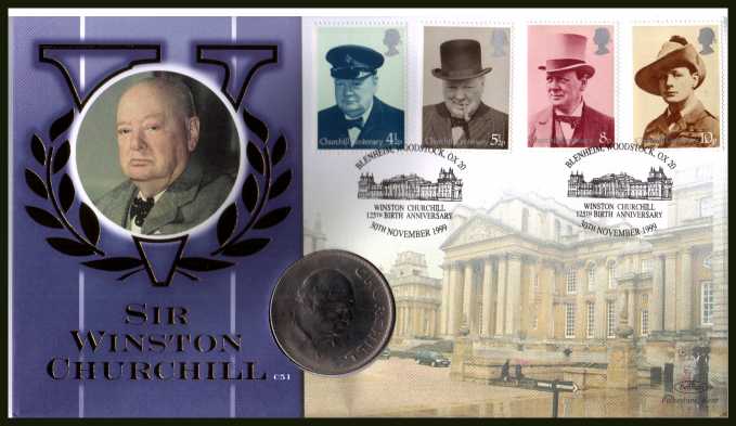 view larger image for SG 962-965 (1999) - Churchill set of four from 1974 on Benham commemorative cover for 125th Birth Anniversary of Churchill.  Containing the famous GB CHURCHILL Crown coin . With BENHAM guarantee certificate - only 4000 produced.