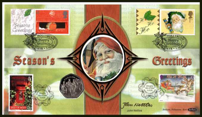 view larger image for SG 1896 (2000) - the 19p and 1st Class Christmas stamps from the SMILERS sheets also bearing the ISLE OF MAN Christmas issue on the same day autographed by the actor JOHN NETTLES. Benham coin cover containing ISLE OF MAN 50p coin. With BENHAM guarantee certificate - only 1000 produced.