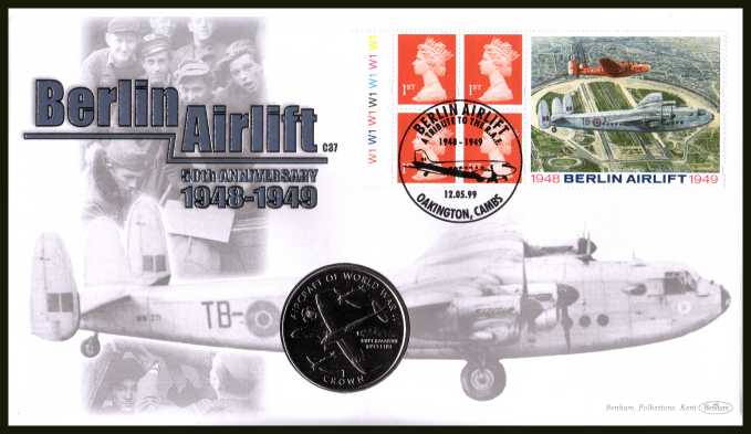 view larger image for SG 1667m (2000) - Berlin Airlift booklet pane - Benham coin cover containing ISLE OF MAN Crown coin featuring DOUGLAS DAKOTA aircraft. With BENHAM guarantee certificate - only 1000 produced.