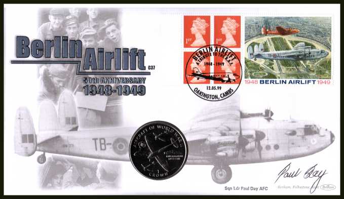 view larger image for SG 1667m (2000) - Berlin Airlift booklet pane - Benham coin cover containing ISLE OF MAN Crown coin featuring DOUGLAS DAKOTA aircraft. Autographed by SQUADRON LEADER PAUL DAY of the BATTLE OF BRITAIN MEMORIAL FLIGHT team. With BENHAM guarantee certificate - only 1000 produced.