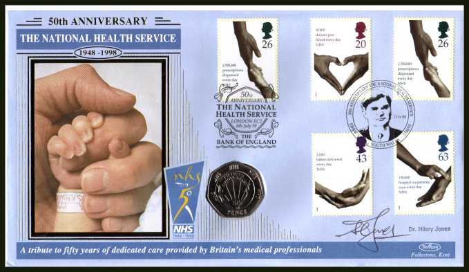 view larger image for SG 2046-2049 (1998) - National Health Service - Benham coin cover containing GB 50p coin featuring the NHS autographed by TV's DR HILARY JONES . With BENHAM guarantee certificate - only 2500 produced.