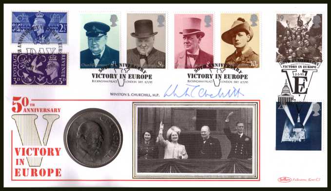 view larger image for SG 962-965 (1995) - Churchill set of four from 1974 and four other wartime stamps  on Benham commemorative cover for 50th Anniversary of VE Day (Victory in Europe) autographed by Winston S. Churchill MP - Grandson of Sir Winston . Containing the famous GB CHURCHILL Crown coin . Scarce!