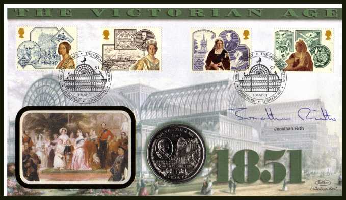 view larger image for SG 1367-1370 (2001) - Queen Victoria's Acession set of four from 1987 commemorating 'The Great Exhibition' - Benham coin cover containing GIBRALTAR Crown coin autographed by the actor JONATHAN FIRTH . With BENHAM guarantee certificate - only 1000 produced.