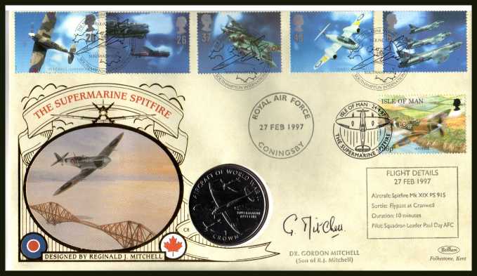 view larger image for SG 1984-1988 (1997) - British Aircraft Designers - Tribute to R. J. MITCHELL flown on a SPITFIRE and autographed my DR GORDON MITCHELL (son of J.R. MITCHELL) Benham coin cover containing ISLE OF MAN  Crown coin. With BENHAM guarantee certificate - only 3500 produced.