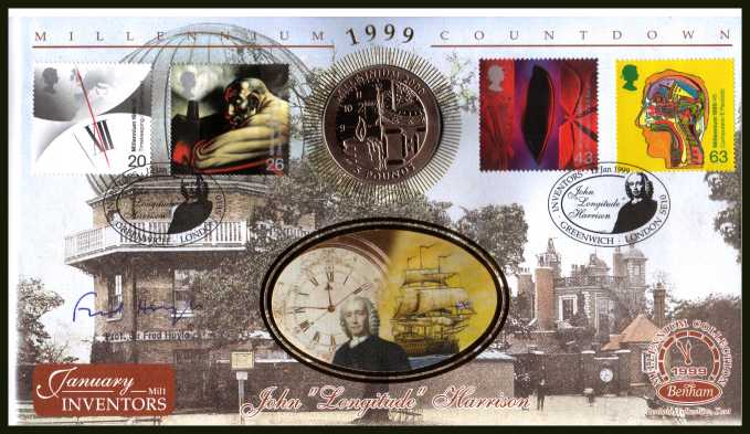 view larger image for SG 2069-2072 (1999) - Millennium Series - Inventors' Tale - Benham coin cover containing GIBRALTAR �5. Autographed by PROFESSOR SIR FRED HOYLE famous astronomer. With BENHAM guarantee certificate - only 1000 produced.