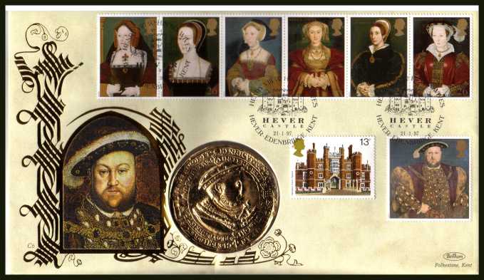 view larger image for SG 1965-1971 (1997) - KIng Henry VIII - Benham coin cover containing Gold coloured giant medal. With BENHAM guarantee certificate - only 4000 produced.