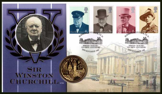 view larger image for SG 962-965 (1999) - Churchill set of four from 1974 on Benham commemorative cover for 125th Birth Anniversary of Churchill.  Containing Gold effect 'medal' . With BENHAM guarantee certificate - only 1000 produced.