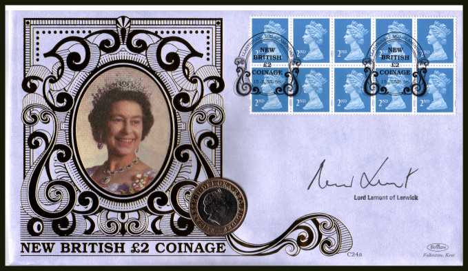view larger image for SG 2039 (1998) - 2nd Class Booklet pane - Introduction of new �2 coin.- Benham coin cover containing �2 coin autographed by NORMAN LAMONT  former CHANCELLOR OF THE EXCHEQUER. With BENHAM guarantee certificate - only 1000 produced.