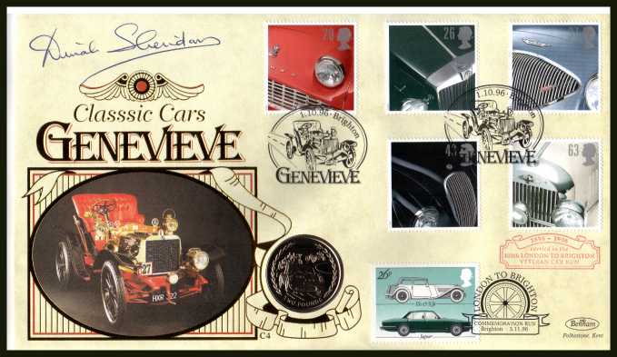 view larger image for SG 1945-1949 (1996) - Classic Sports Cars set of five celebrating the classic film 'GENEVIEVE' - Benham coin cover containing  ISLE OF MAN �2 coin featuring a sports car autographed by DINAL SHERIDAN star of that movie. With BENHAM guarantee certificate - 5000 produced.