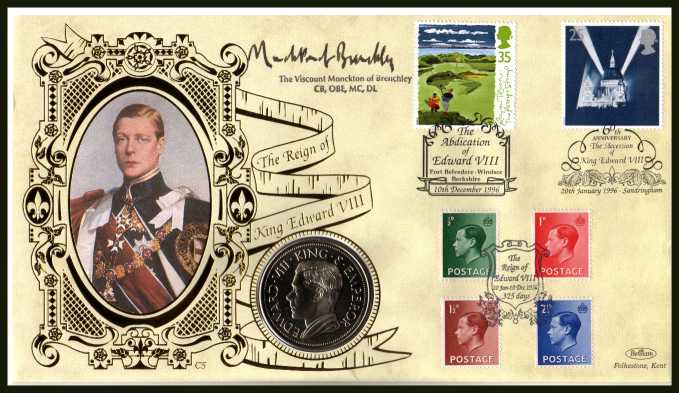 view larger image for SG 1875 (1996) - Edward 8th - 60th Anniversary of Accession commemorative cover  - Golf and VE Day stamps plus the four King Edward VIII definitive stamps. - Benham coin cover containing 'medal' showing King Edward 8th  autographed by THE VISCOUNT MONCKTON OF BRENCHLEY (his father was an adviser to ther king) . With BENHAM guarantee certificate - only 7500 produced.