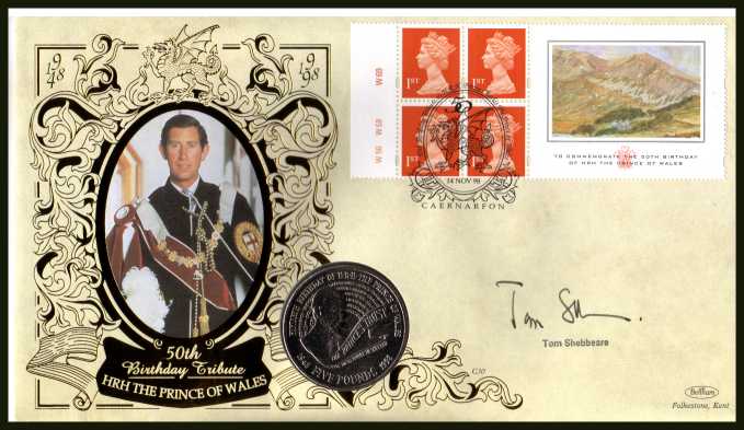 view larger image for SG 1671La (1998) - rince of Wales 50th Birthday booklet pane - Benham coin cover containing GB �5 commemorative coin autographed by TOM SHEBBEARE first full time director of THE PRINCE'S TRUST. With BENHAM guarantee certificate - only 2000 produced.