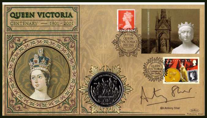 view larger image for SG 2040L (2001) - Death Centenary of Queen Victoria. Beham coin cover bearing the Self Adhesive Gold booklet pane label and single plus an ISLE OF MAN stamp and GIBRALTAR Crown and autographed by SIR ANTONY SHER who played DISRAELI in the film 'MRS BROWN'. With BENHAM guarantee certificate - only 1000 produced.