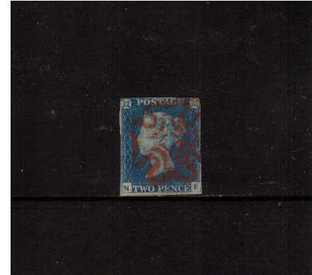 view larger image for SG 5 (1840) - 2d Blue from Plate 1 lettered 'N-E' clearly showing the 'TW of TWOPENCE joined' variety, and thus being from Plate 1. Actually a very pretty four margined stamp (just) in a pretty shade of blue with Red Cross but has small thin. SG Cat �650