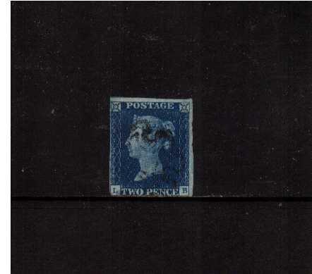 view larger image for SG 5 (1840) - 2d Deep Full Blue from Plate 2 lettered 'L-B' cancelled with a Black Maltese Cross. Two lage margins and two very, very close margins and touched SW corner. SG Cat �700