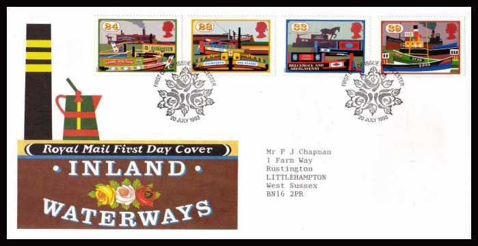 view larger back view image for Inland Waterways set of four on a neatly typed addressed official Royal Mail  FDC cancelled with the alternative FDI cancel for GLOUCESTER dated  20 JULY 1993 
SG Cat Price �4.50