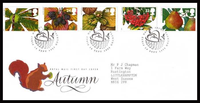 view larger back view image for The Four Seasons - Autumn set of five on a neatly typed addressed official Royal Mail  FDC cancelled with the alternative FDI cancel for TAUNTON dated 14 SEPT 1993   
SG Cat Price �5.25