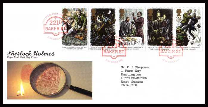 view larger back view image for Sherlock Holmes strip of five on a neatly typed addressed official Royal Mail  FDC cancelled with the alternative FDI cancel 221B BAKER STREET dated 12 OCTOBER 1993    
SG Cat Price �7.50
