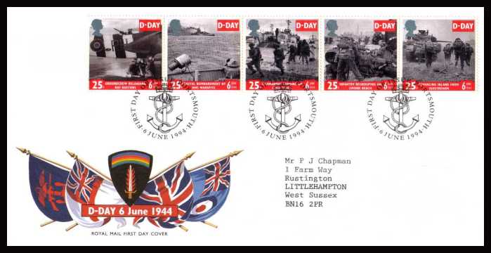 view larger back view image for 50th Anniversary of D-Day strip of five on a neatly typed addressed official Royal Mail  FDC cancelled with the alternative FDI cancel for PORTSMOUTH dated 6 JUNE 1994   
SG Cat Price �5.50