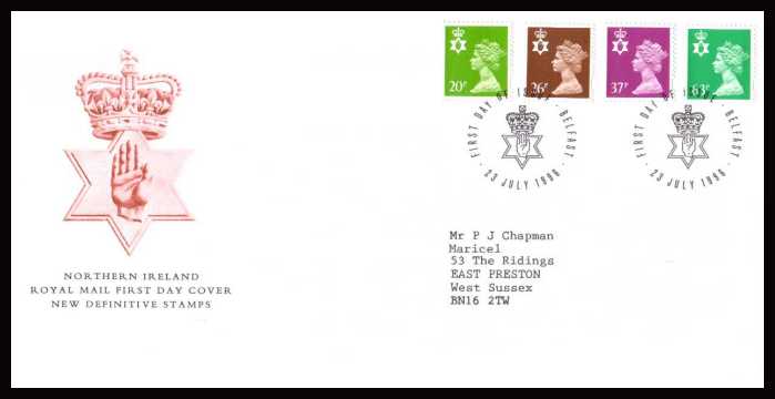 view larger back view image for NORTHERN IRELAND - 20p to 63p on a neatly typed addressed official Royal Mail  FDC cancelled with a FDI cancel dated 23 JULY 1996   
SG Cat Price �8.75