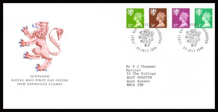 view larger back view image for SCOTLAND - 20p to 63p on a neatly typed addressed official Royal Mail  FDC cancelled with a FDI cancel dated 23 JULY 1996   
SG Cat Price �8.75
