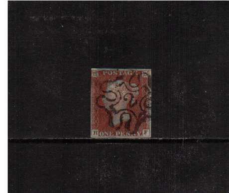 view larger image for SG 8m (1841) - 1d Red Brown lettered ' H-F' cancelled with a Maltese Cross with a number '2' in centre. However the stamp has a small tear. SG Cat �140
<br/><br/>
<b>5qz</b>