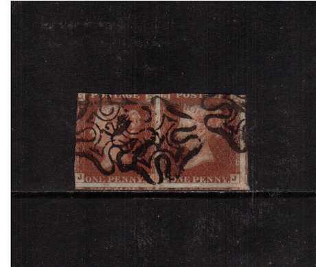 view larger image for SG 8m (1841) - 1d Red Brown pair cut into on two sides lettered 'J-I' and 'J-J' cancelled with three Maltese Cross strikes each with a number '12' in centre. SG Cat £500
<br/><br/>
<b>5qz</b>