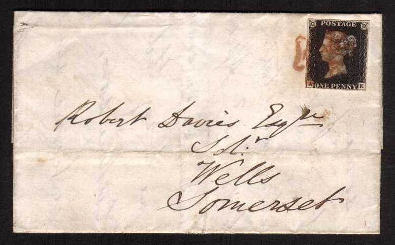 view larger front view of image for 1d Black on small entire from Plate 6 lettered 'A-E'. A superb fine used four margined stamp cancelled with a Red Maltese Cross backstamped TORRINGTON DE9 1840 to WELLS SOMERSET. SH Cat £600
<br/><br/>
<b>5qz</b>