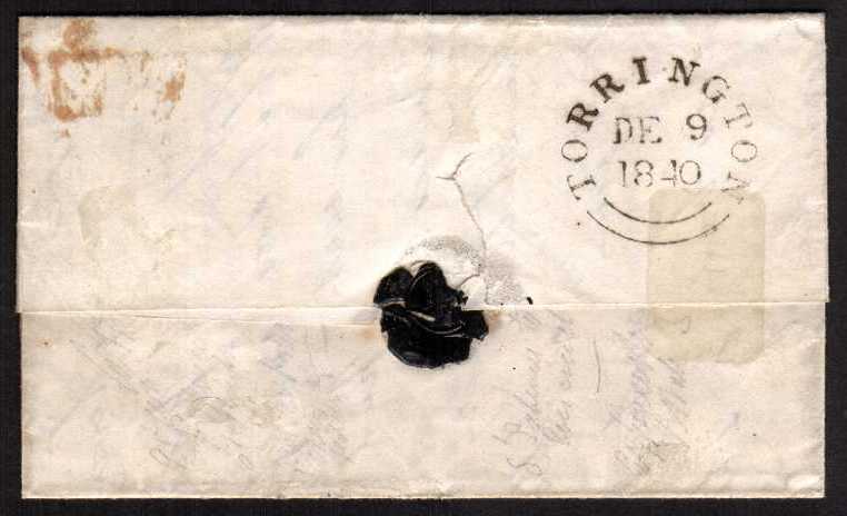 view larger back view of image for 1d Black on small entire from Plate 6 lettered 'A-E'. A superb fine used four margined stamp cancelled with a Red Maltese Cross backstamped TORRINGTON DE9 1840 to WELLS SOMERSET. SH Cat £600
<br/><br/>
<b>5qz</b>