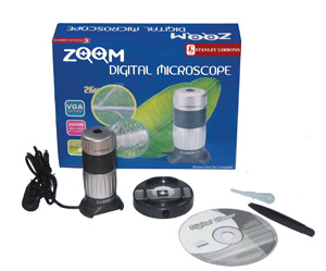 view larger image for ZOOM () - The <b>Zoom Digital Microscope</b> is very powerful and displays the magnified image
on your computer screen allowing you to see intricate details easily.
Microscope has 5x optical zoom and 26x - 130x digital zoom with a built in
illuminator for a clear and bright image.
Integrated digital camera allowing capture of still images and video at the
click of a button for viewing on pc monitor with image resolution of
640 x 489 pixels (VGA).
Powered directly from your pc via a USB connection and is compatible with the
following operating systems; Windows 98SE, ME, 2000, XP, Vista.