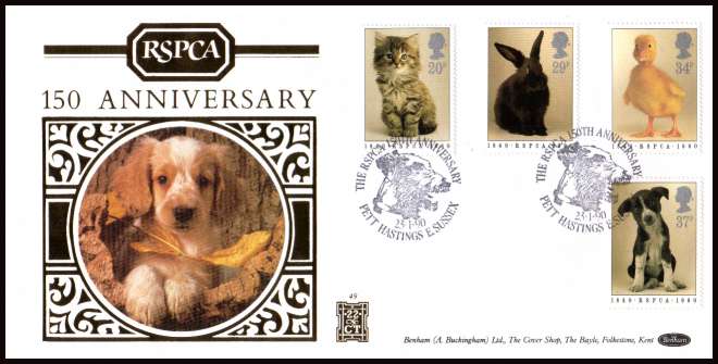 view larger back view image for 150th Anniversary of Royal Society for Prevention of Cruelty to Animals (RSPCA) on a BEHHAM 'silk' FDC (BEN 500 (49)) number 358 from 500.cancelled with a PETT HASTINGS - E.SUSSEX spececial cancel.
