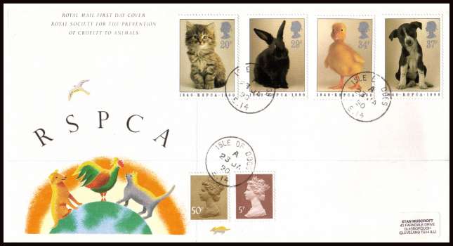 view larger back view image for 150th Anniversary of Royal Society for Prevention of Cruelty to Animals (RSPCA) on an unaddressed REGISTERED Royal Mail FDC cancelled with three ISLE OF DOGS CDS's. Scarce