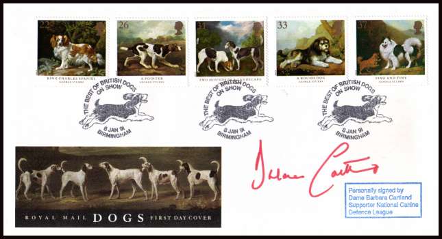 view larger back view image for Dogs - Paintings by George Stubbs set of five on an unaddressed Royal Mail FDC cancelled with BEST OF BRITISH DOGS - BIRMINGHAM special handstamp and signed by DAME BARBARA CARTLAND. Only 20 signed.