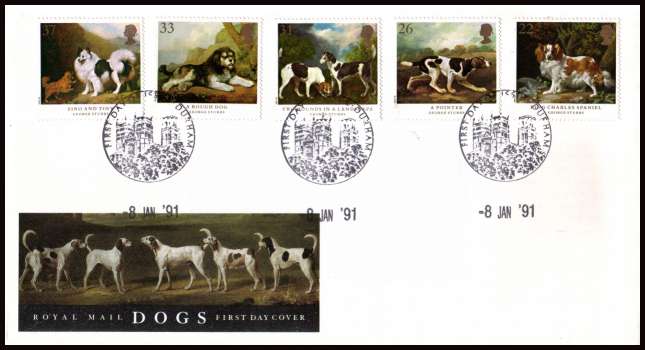 view larger back view image for Dogs - Paintings by George Stubbs set of five on an unaddressed Royal Mail FDC cancelled with DURHAM handstamp dated 8 JAN 91