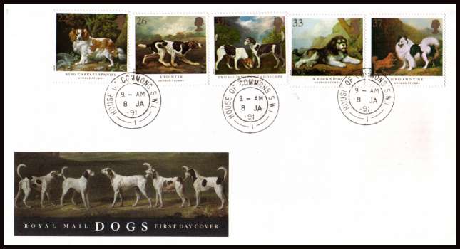 view larger back view image for Dogs - Paintings by George Stubbs set of five on an unaddressed Royal Mail FDC cancelled with three strikes of a HOUSE OF COMMONS double ring steel CDS