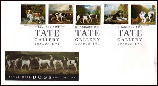 view larger back view image for Dogs - Paintings by George Stubbs set of five on an unaddressed Royal Mail FDC cancelled with three strikes of the TATE GALLERY - LONDON - SW1 handstamp.