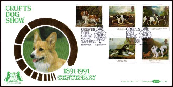 view larger back view image for Dogs - Paintings by George Stubbs set of five on an unaddressed Benham - Silk (BLCS60) FDC cancelled with a CRUFTS DOG SHOW CENTENARY - BIRMINGHAM handstamp.