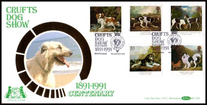 view larger back view image for Dogs - Paintings by George Stubbs set of five on an unaddressed Benham - Silk (BLCS60) FDC cancelled with a CRUFTS DOG SHOW CENTENARY - BIRMINGHAM handstamp.