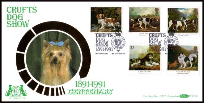 view larger back view image for Dogs - Paintings by George Stubbs set of five on an unaddressed Benham - Silk (BLCS60) FDC cancelled with a CRUFTS DOG SHOW CENTENARY - BIRMINGHAM handstamp.
