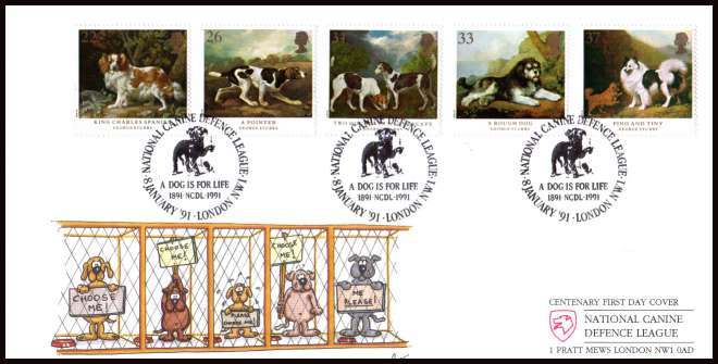 view larger back view image for Dogs - Paintings by George Stubbs set of five on an unaddressed OFFICIAL National Canine Defence League FDC cancelled with special CANINE DEFENCE LEAGUE - LONDON NWI handstamp.