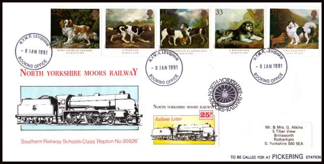 view larger back view image for Dogs - Paintings by George Stubbs set of five on a NORTH YORKSHIRE MOORS RAILWAY FDC cancelled with NYMR LEVISHAM Circular Date Stamp and also bearing a 25p RAILWAY LETTER stamp.