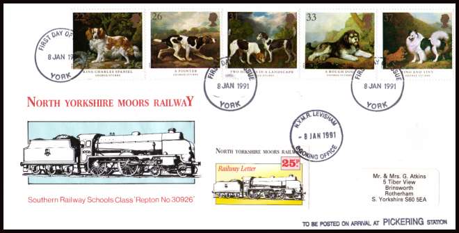 view larger back view image for Dogs - Paintings by George Stubbs set of five on a NORTH YORKSHIRE MOORS RAILWAY FDC cancelled with YORK FDI and also bearing a 25p RAILWAY LETTER stamp.