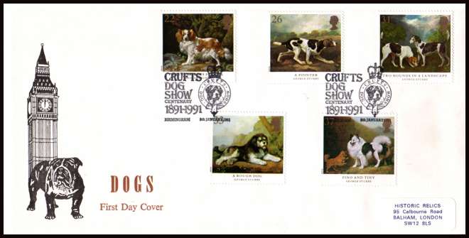 view larger back view image for Dogs - Paintings by George Stubbs set of five on a Historic Relics FDC cancelled with CRUFTS DOG SHOW CENTENARY - BIRMINGHAM handstamp.