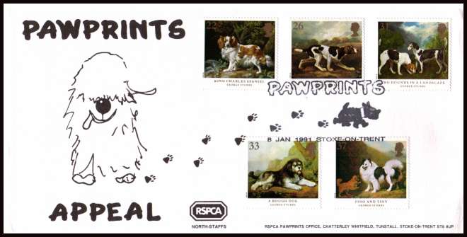 view larger back view image for Dogs - Paintings by George Stubbs set of five on an OFFICIAL RSPCA FDC with PAWPRINTS - STOKE ON TRENT handstamp.