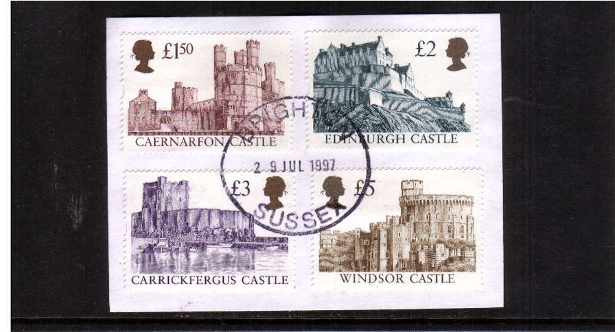 view larger image for SG 1993-1996 (1997) - The Enschedé set of four 'Castles' tied to a small neat piece cancelled with a large BRIGHTON CDS dated 29 JUL 1997, the first day of issue. A scarce set to find so fine used!!